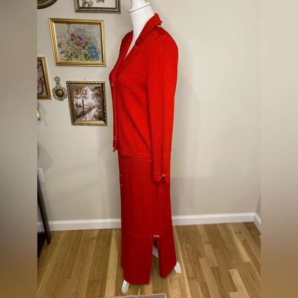 St John Collection 2 Piece Red Maxi Skirt Knit Suit W Gold Branded Buttons S/M - Picture 6 of 16